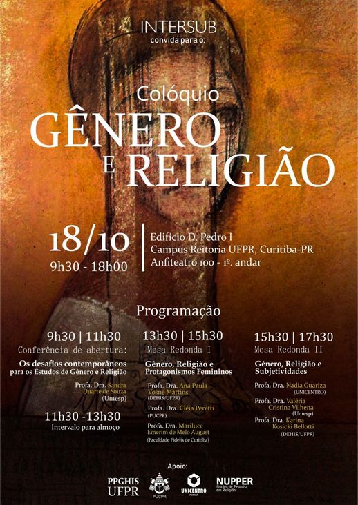 cartaz do evento apresenta o ttulo "Gnero e Religio" sobre pintura de uma pessoa de perfil