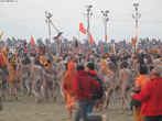 Peregrinos participantes do festival Maha Kumbh Mela e correm para mergulhar nas frias guas dos rios Ganges e Yamuna durante apenas alguns minutos para purificar seus pecados. <br> <br> Palavras-chave: ndia, festival, ritual, cerimnia, purificao, hindu, hindusmo, lugar sagrado, maha kumbh mela, rito, celebrao, Ganges, Yamuna, sadhus
